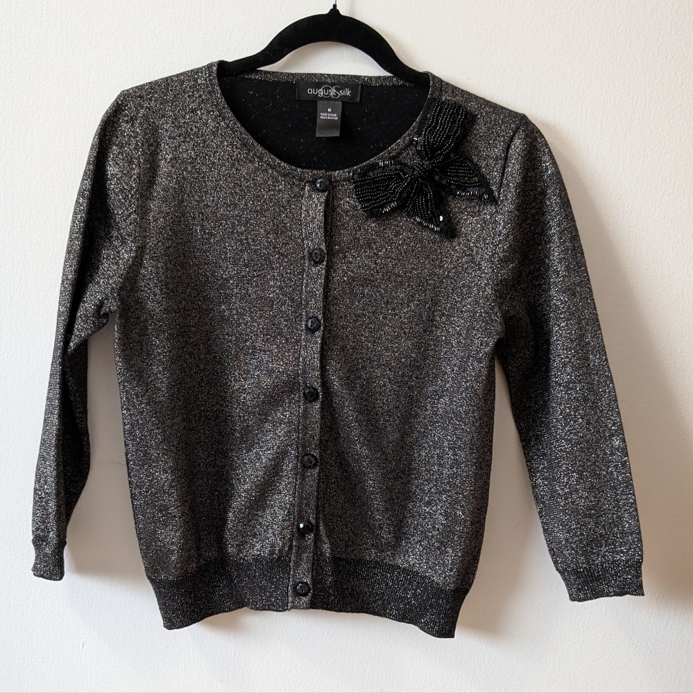 August Silk Black Cardigan with Long Sleeves and Floral Embellishment